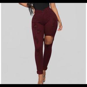 Maroon Glistening Jeans from Fashion Nova